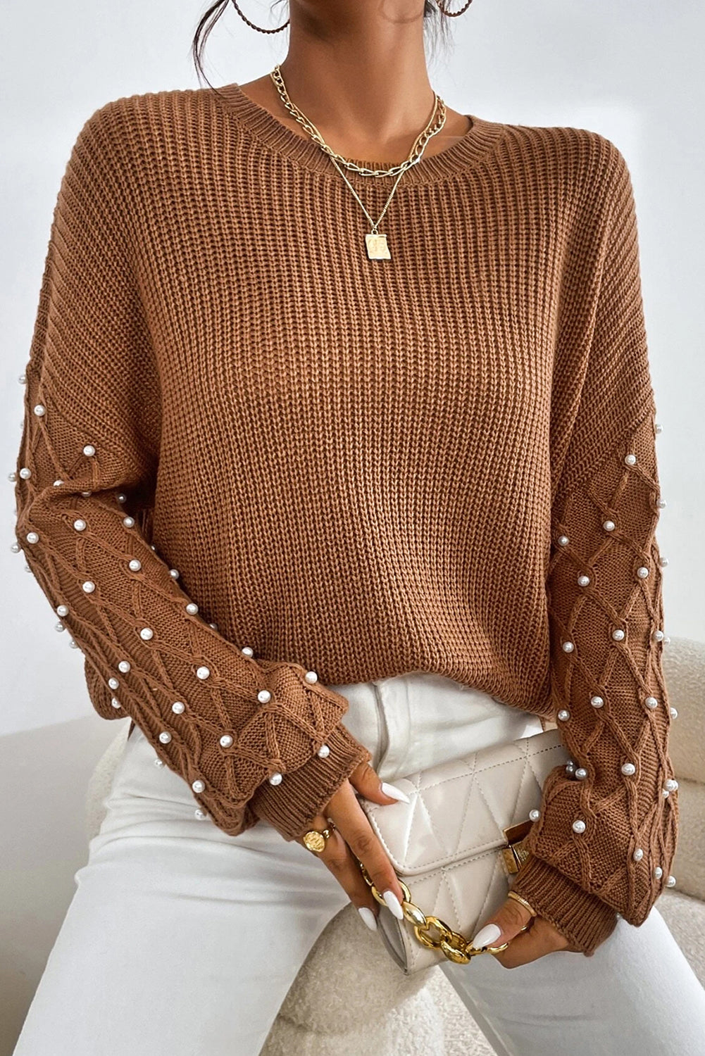 Chestnut Beaded Drop Shoulder Round Neck Sweater #111