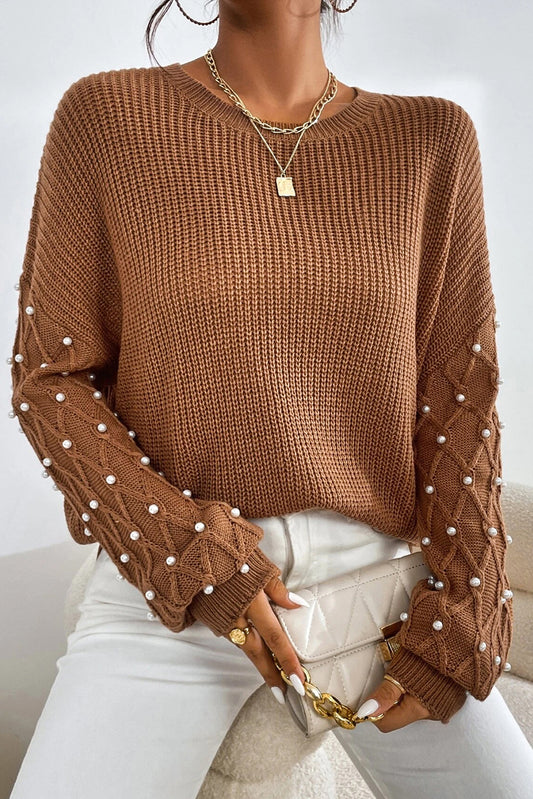 Chestnut Beaded Drop Shoulder Round Neck Sweater #111