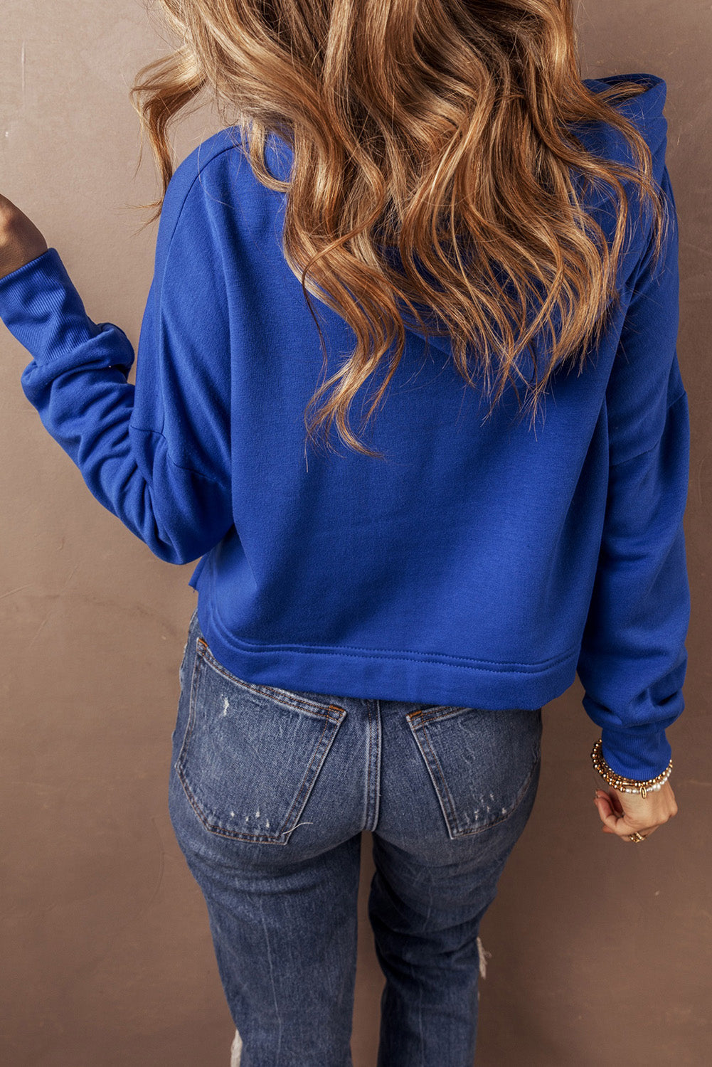 Dark Blue Solid Drop Shoulder Drawstring Cropped Hoodie #105