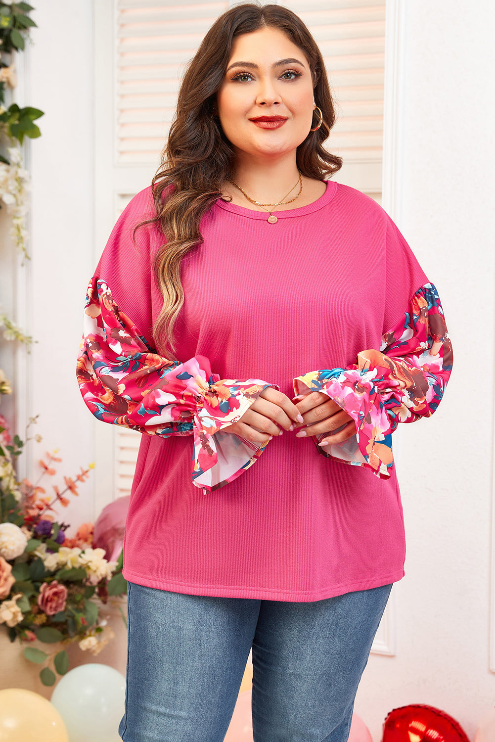 Bright Pink Floral Patchwork Flounce Sleeve Rib Knit Plus Top #11