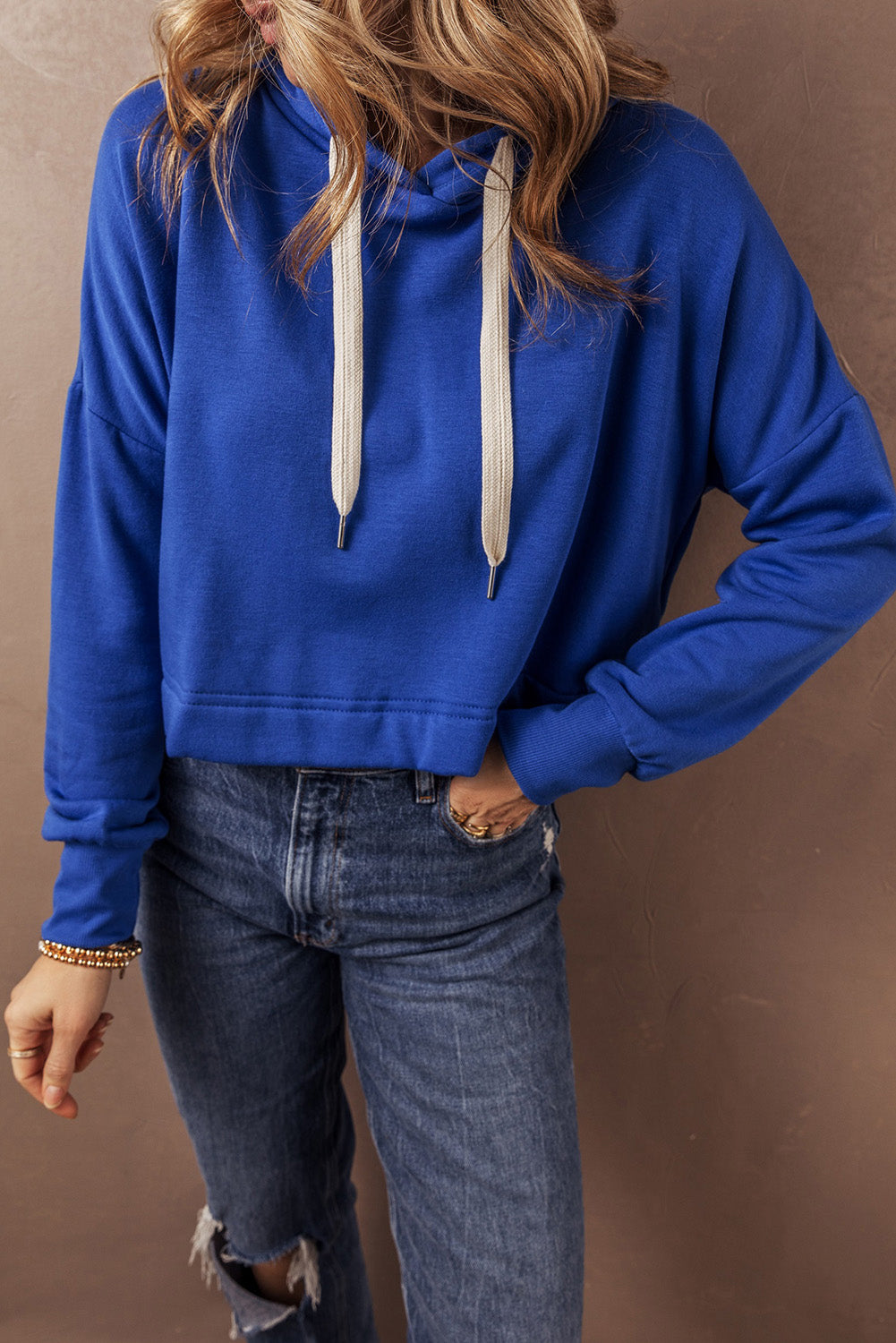Dark Blue Solid Drop Shoulder Drawstring Cropped Hoodie #105