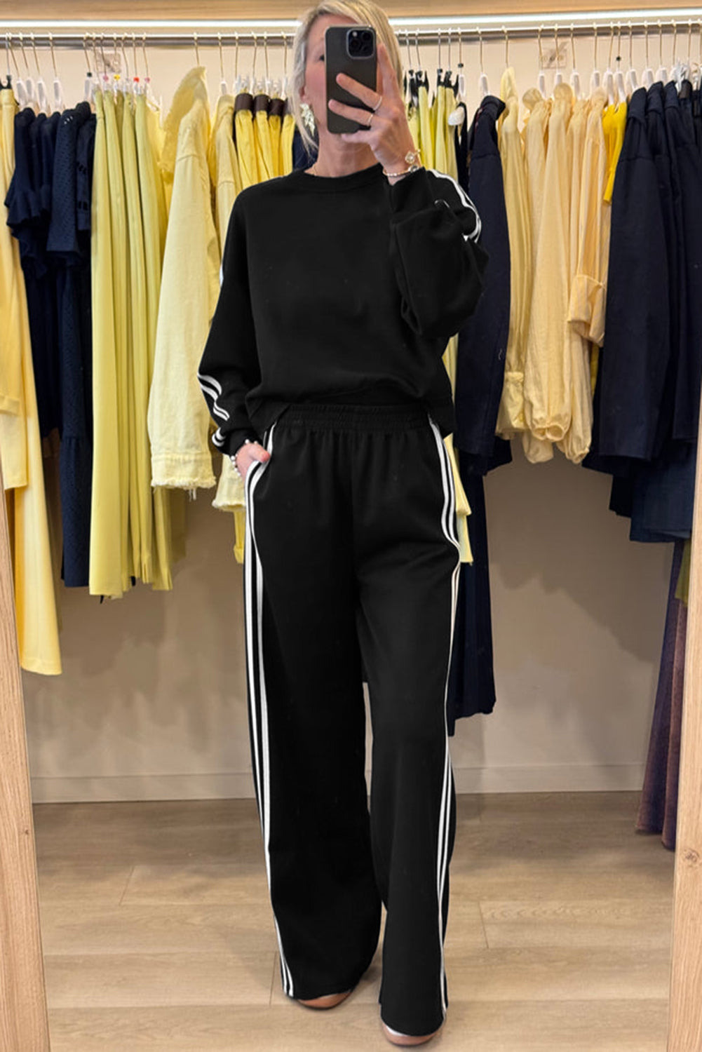Black Varsity Striped Detail Crewneck Pullover Elastic Sweatpants 2pcs Outfit #131