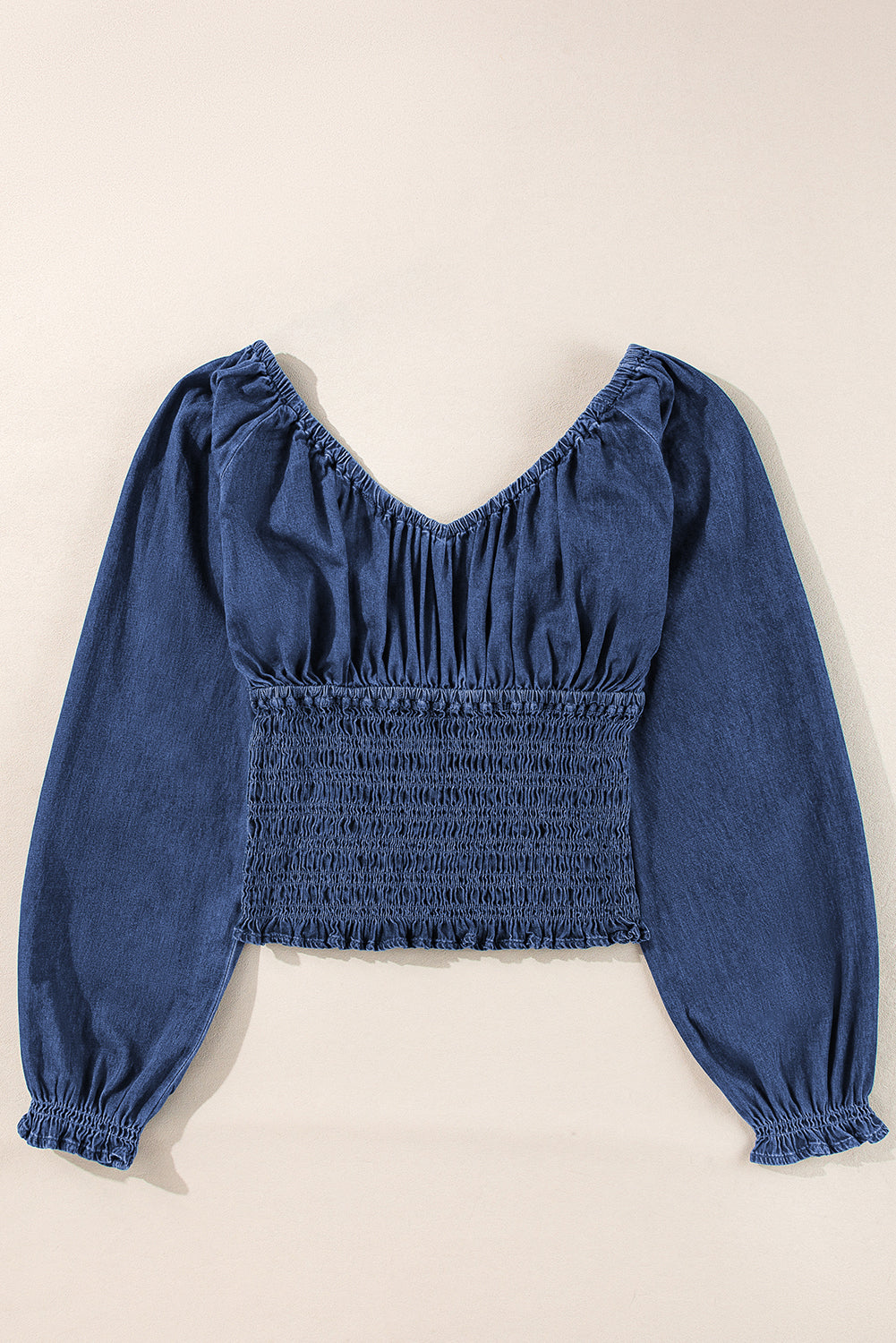 Dark Blue Smocked Ruffled Puff Sleeve V Neck Denim Blouse #14