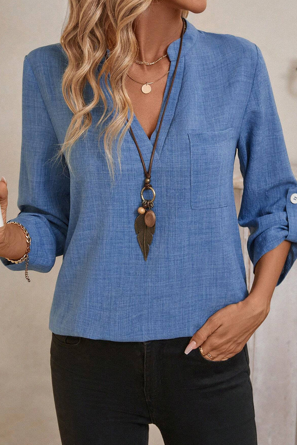 Ashleigh Blue Solid Color Notched V Neck Roll up 3/4 Sleeve Blouse #134