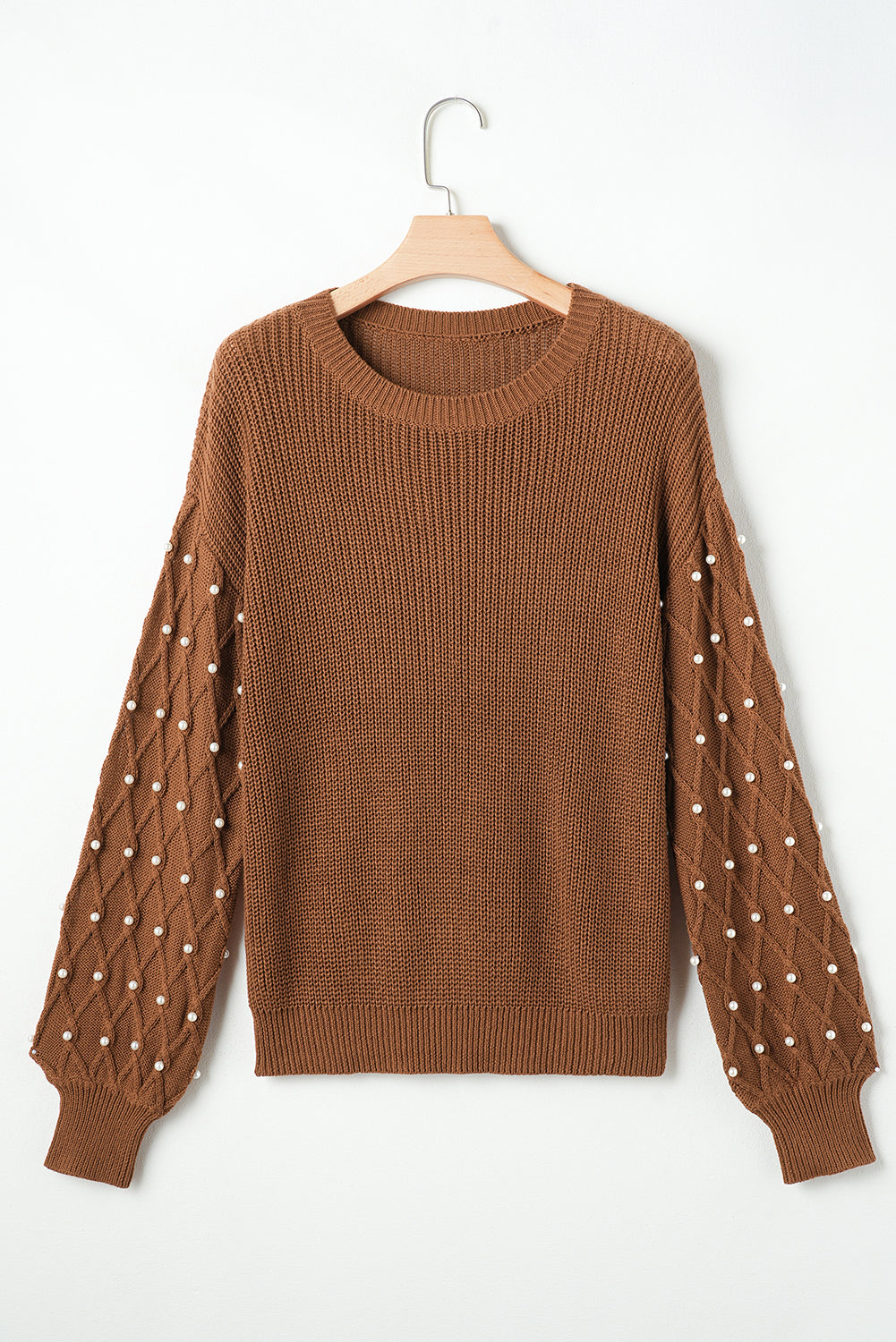 Chestnut Beaded Drop Shoulder Round Neck Sweater #111