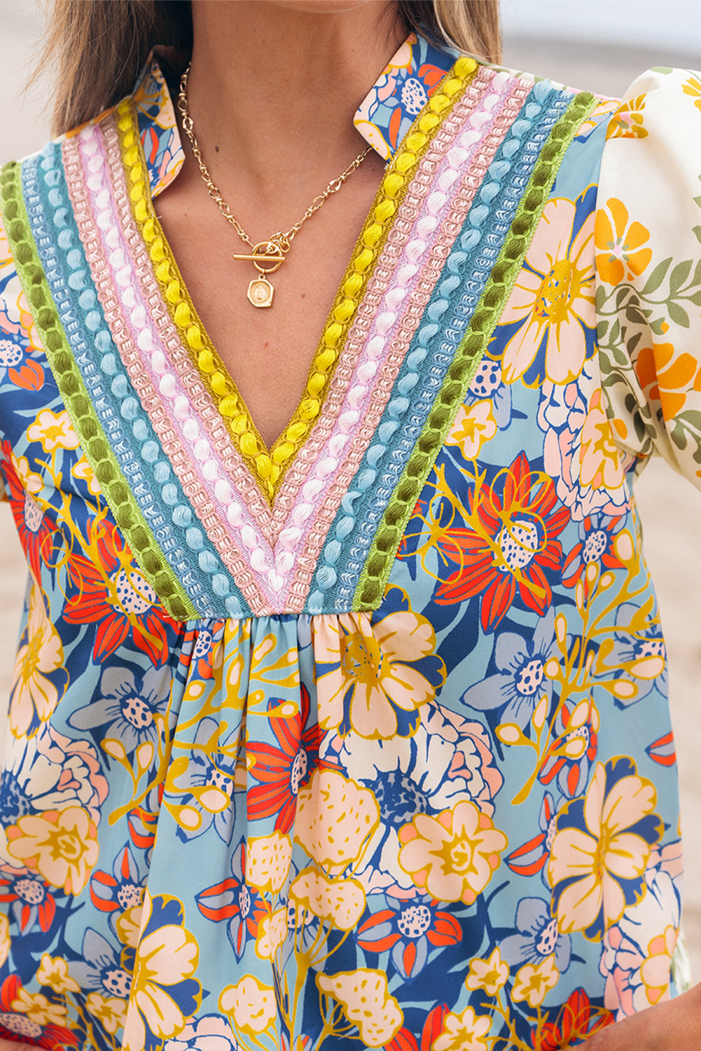 Multicolour Crochet V Neck Half Sleeve Boho Floral Blouse #257