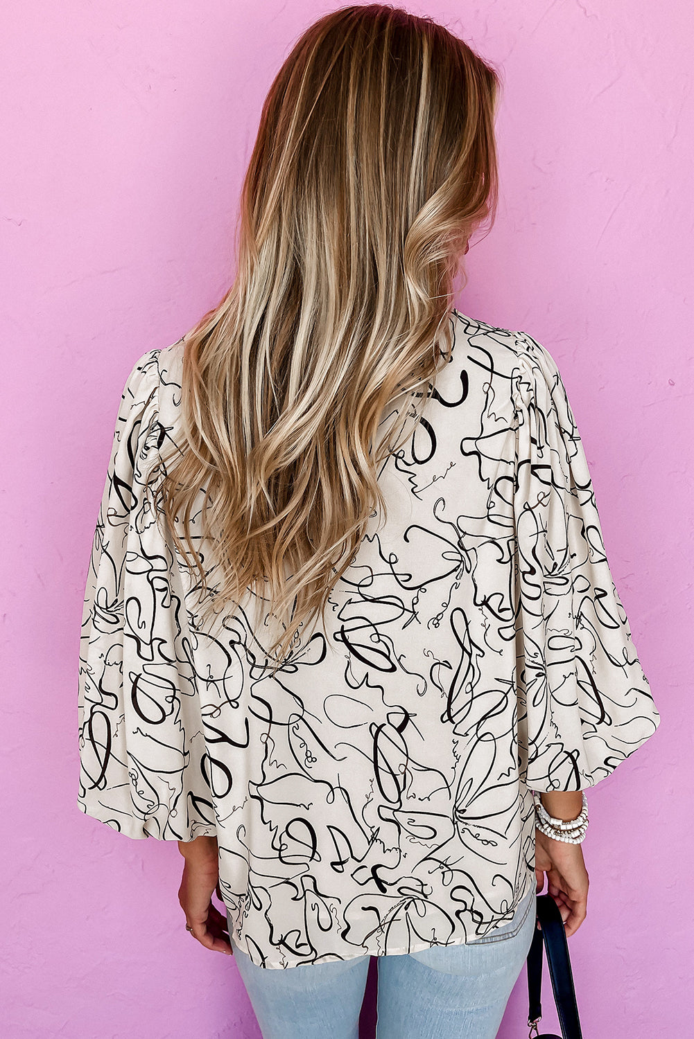 Beige Abstract Print Balloon Sleeve Crew Neck Blouse #2