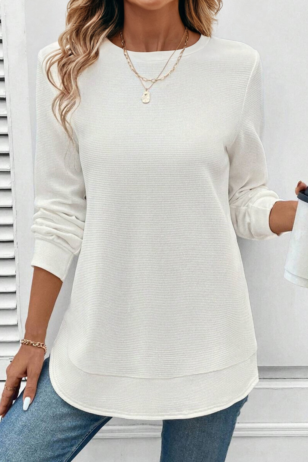 White Rounded Hem Waffle Long Sleeve Top #124