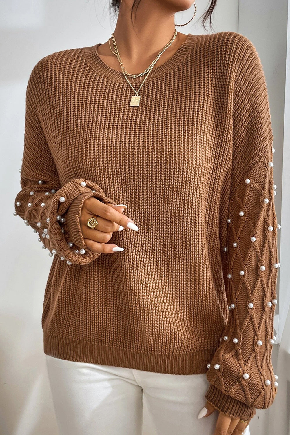 Chestnut Beaded Drop Shoulder Round Neck Sweater #111