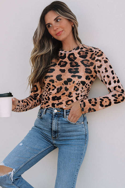 Brown Leopard Round Neck Long Sleeve Slim Top #113