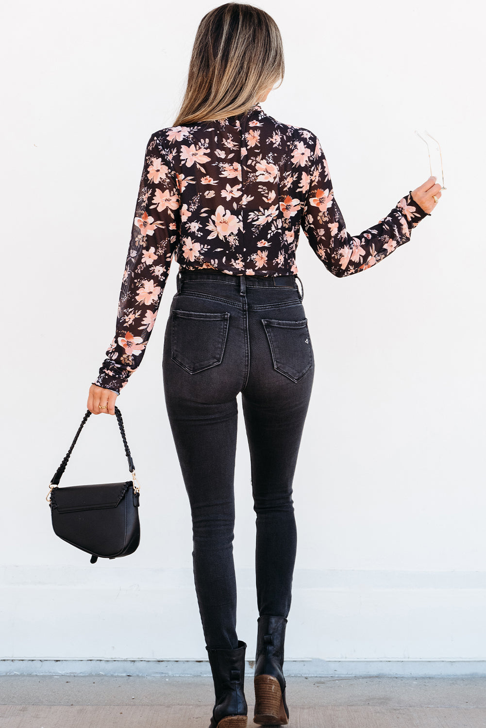 Black Floral Mesh Mock Neck Long Sleeve Slim Fit Top #114