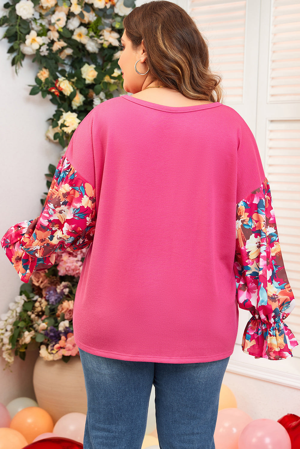 Bright Pink Floral Patchwork Flounce Sleeve Rib Knit Plus Top #11