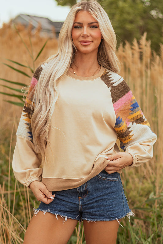 Light French Beige Aztec Patchwork Raglan Pullover Sweatshirt #120