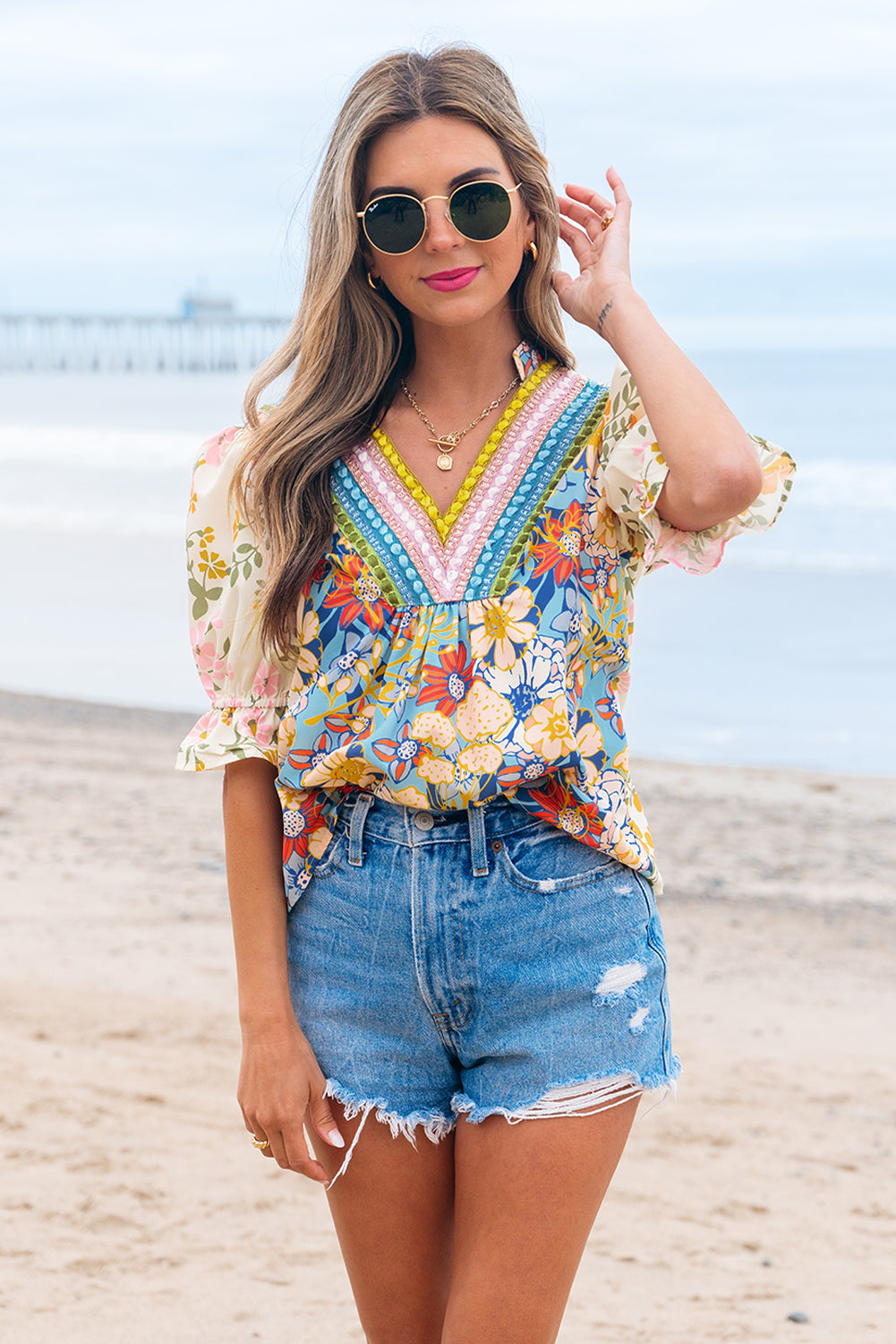 Multicolour Crochet V Neck Half Sleeve Boho Floral Blouse #257