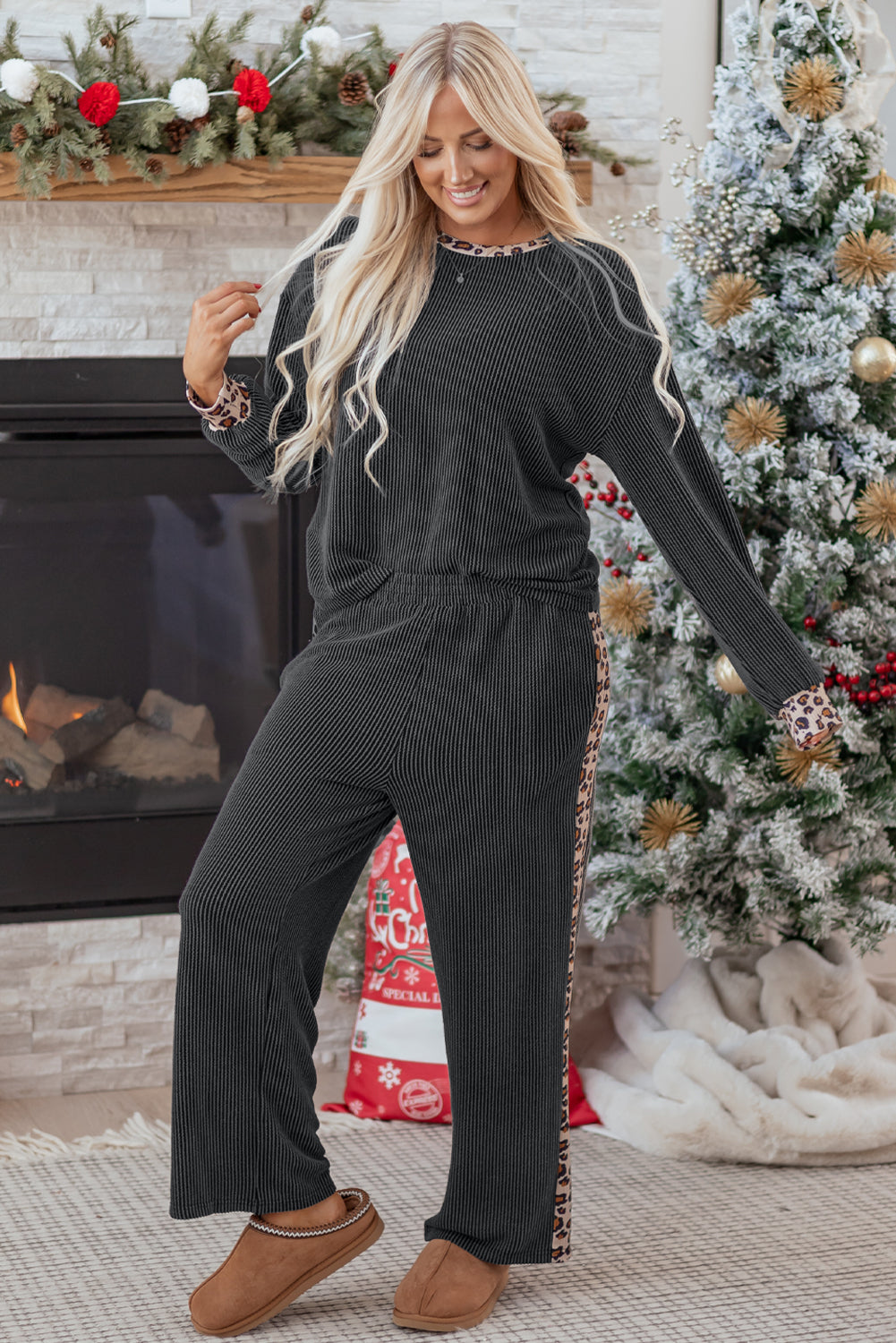 Carbon Grey Twisted Rib Texture Leopard Patchwork Detail 2pcs Pant Set #128