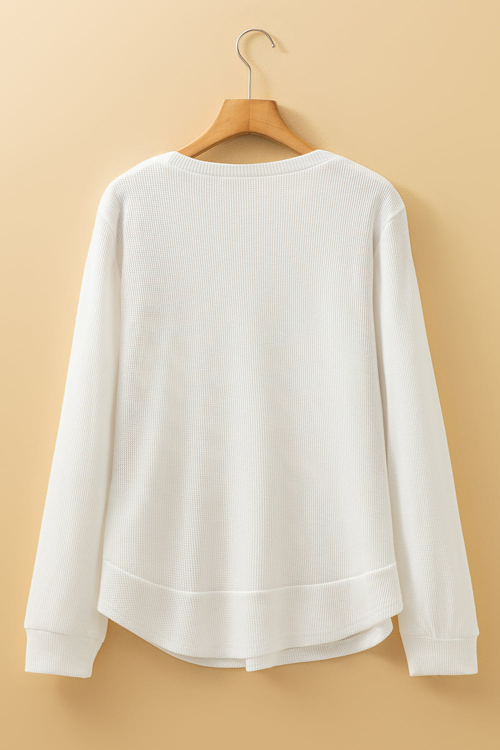 White Rounded Hem Waffle Long Sleeve Top #124