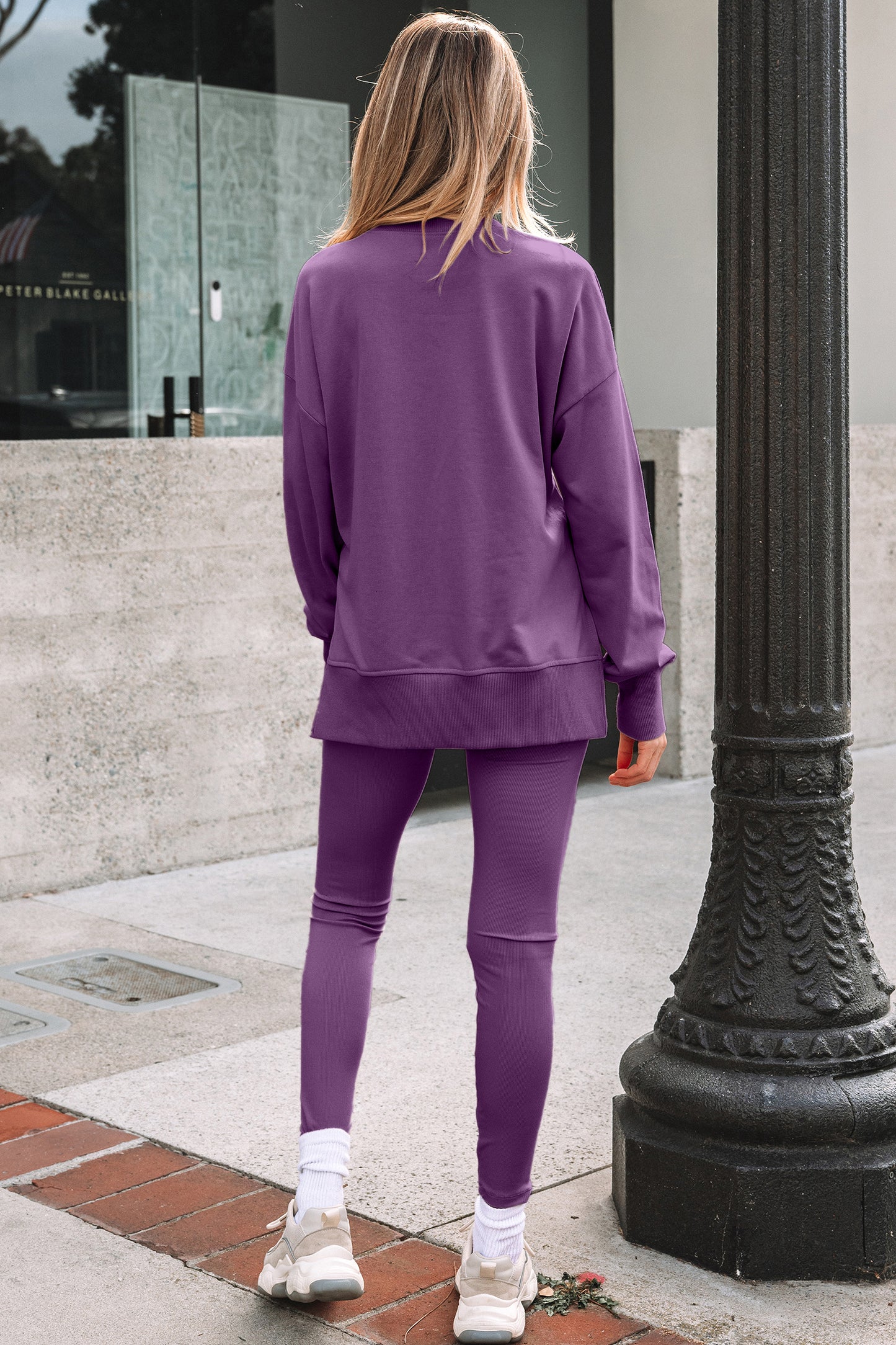 Orchid Mist Solid Color Oversize Slit Sweatshirt Ribbed Leggings 2pcs Set #132