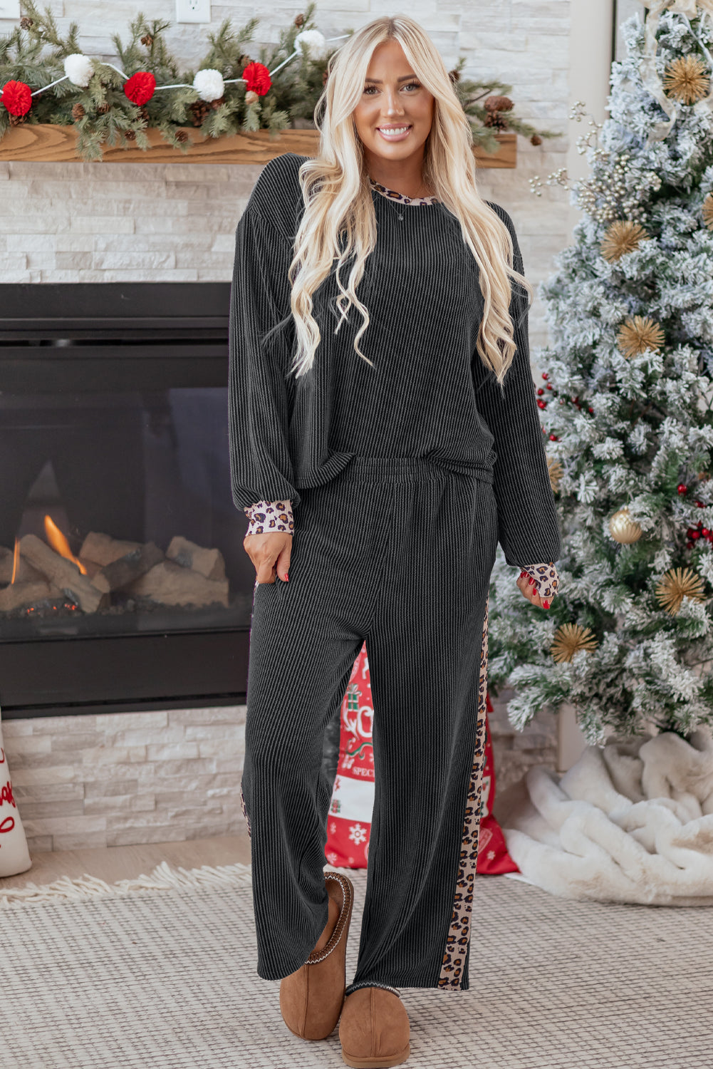 Carbon Grey Twisted Rib Texture Leopard Patchwork Detail 2pcs Pant Set #128