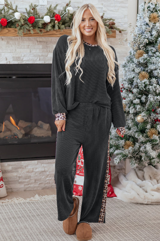 Carbon Grey Twisted Rib Texture Leopard Patchwork Detail 2pcs Pant Set #128