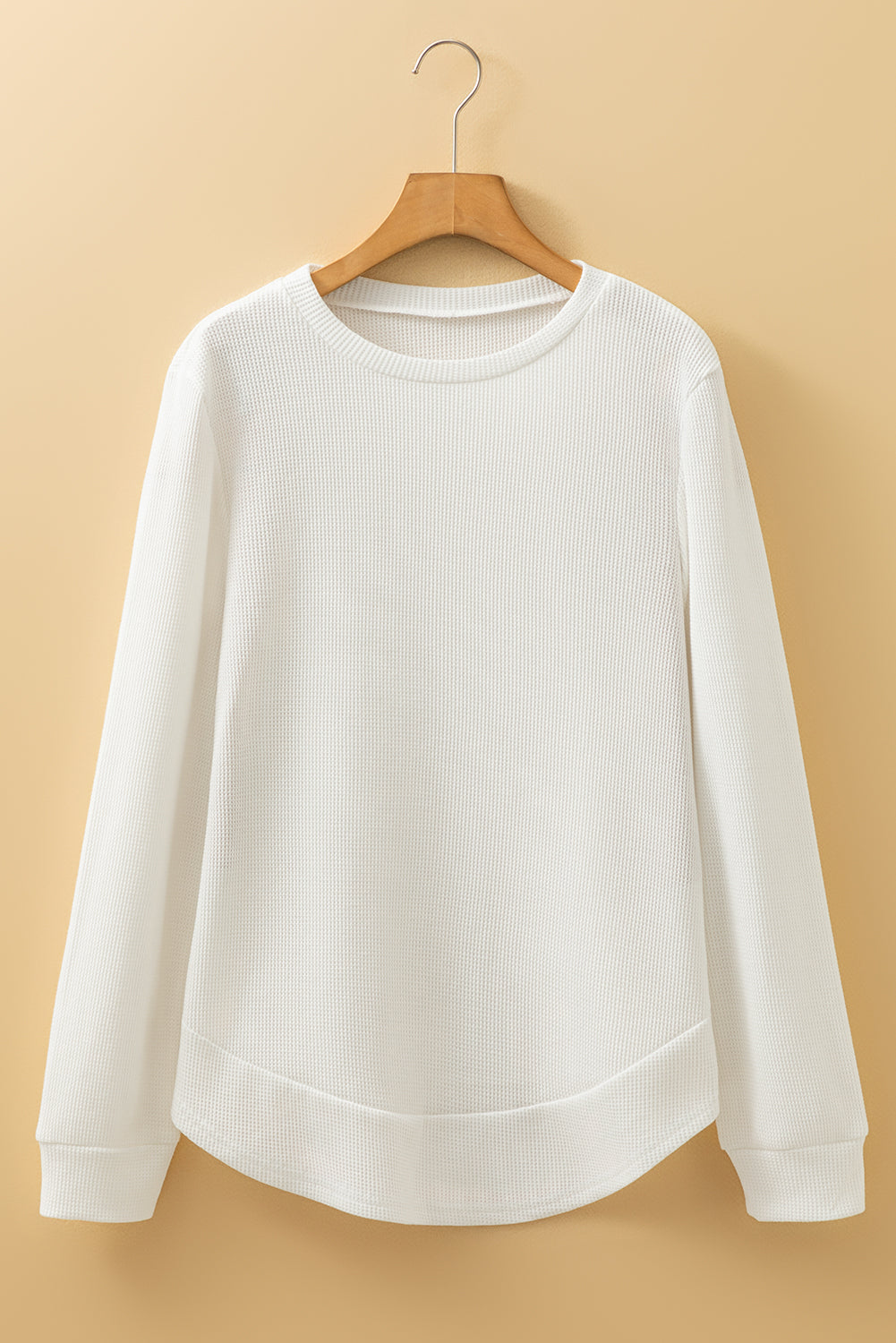 White Rounded Hem Waffle Long Sleeve Top #124
