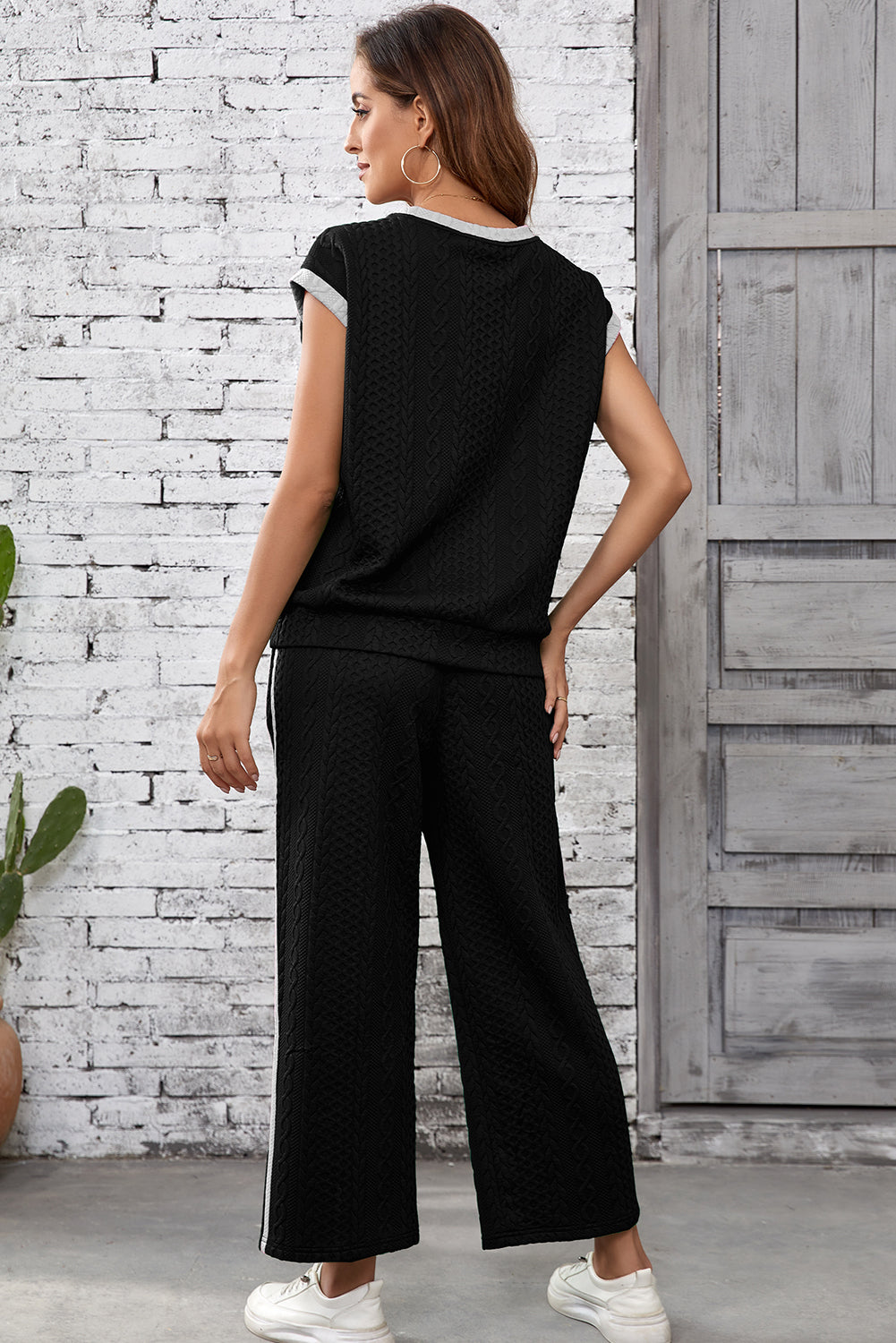 Black Cable Knit Contrast Trim Short Sleeve Top and Pants Set #10