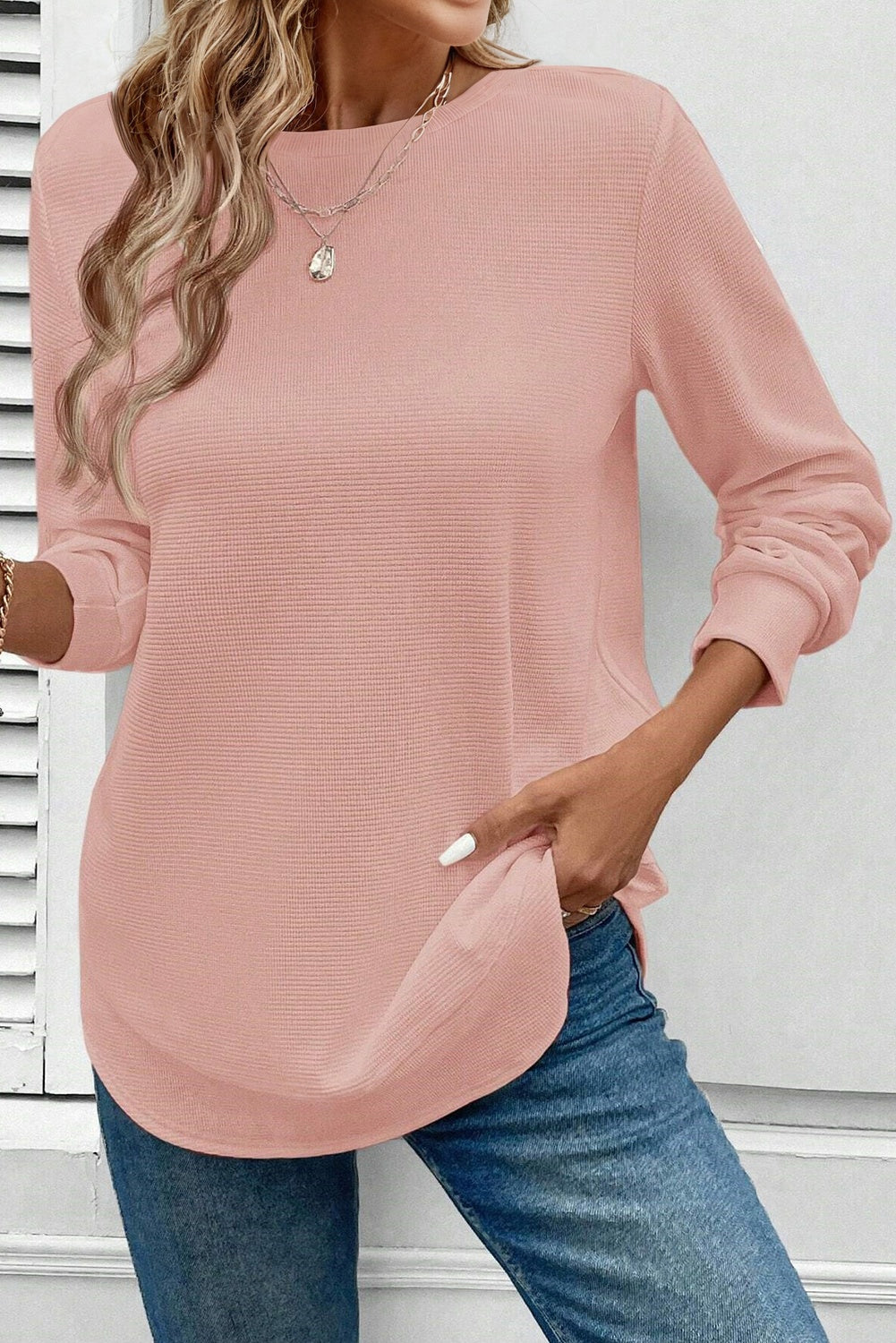 Gossamer Pink Rounded Hem Waffle Long Sleeve Top #124