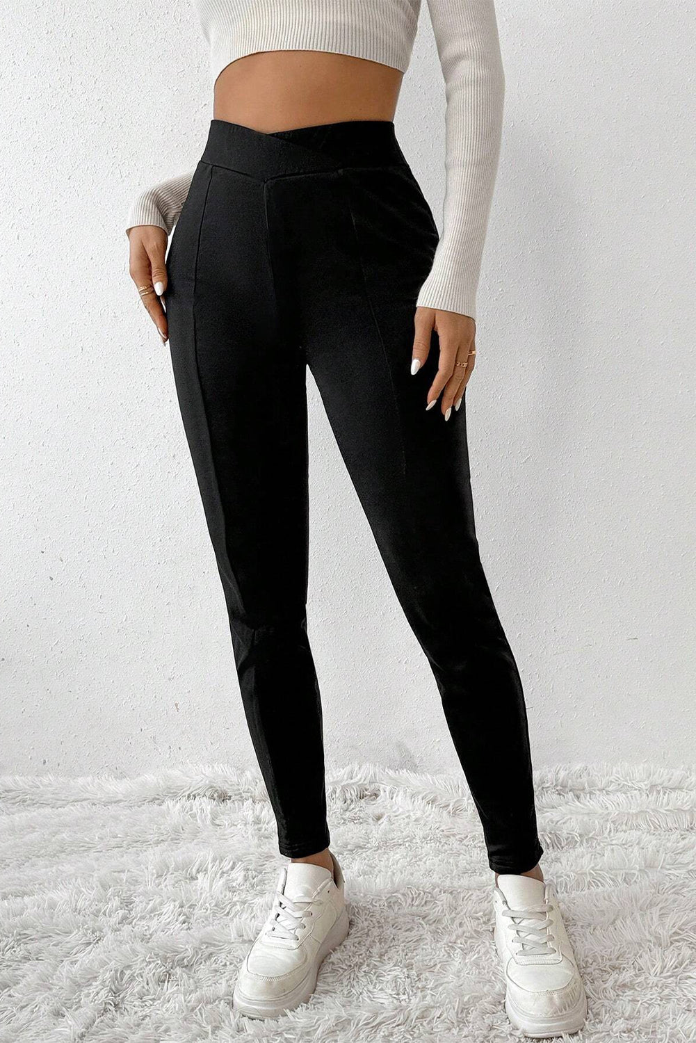 Black Crossed Waist Seamed Leg Thermal Leggings #104