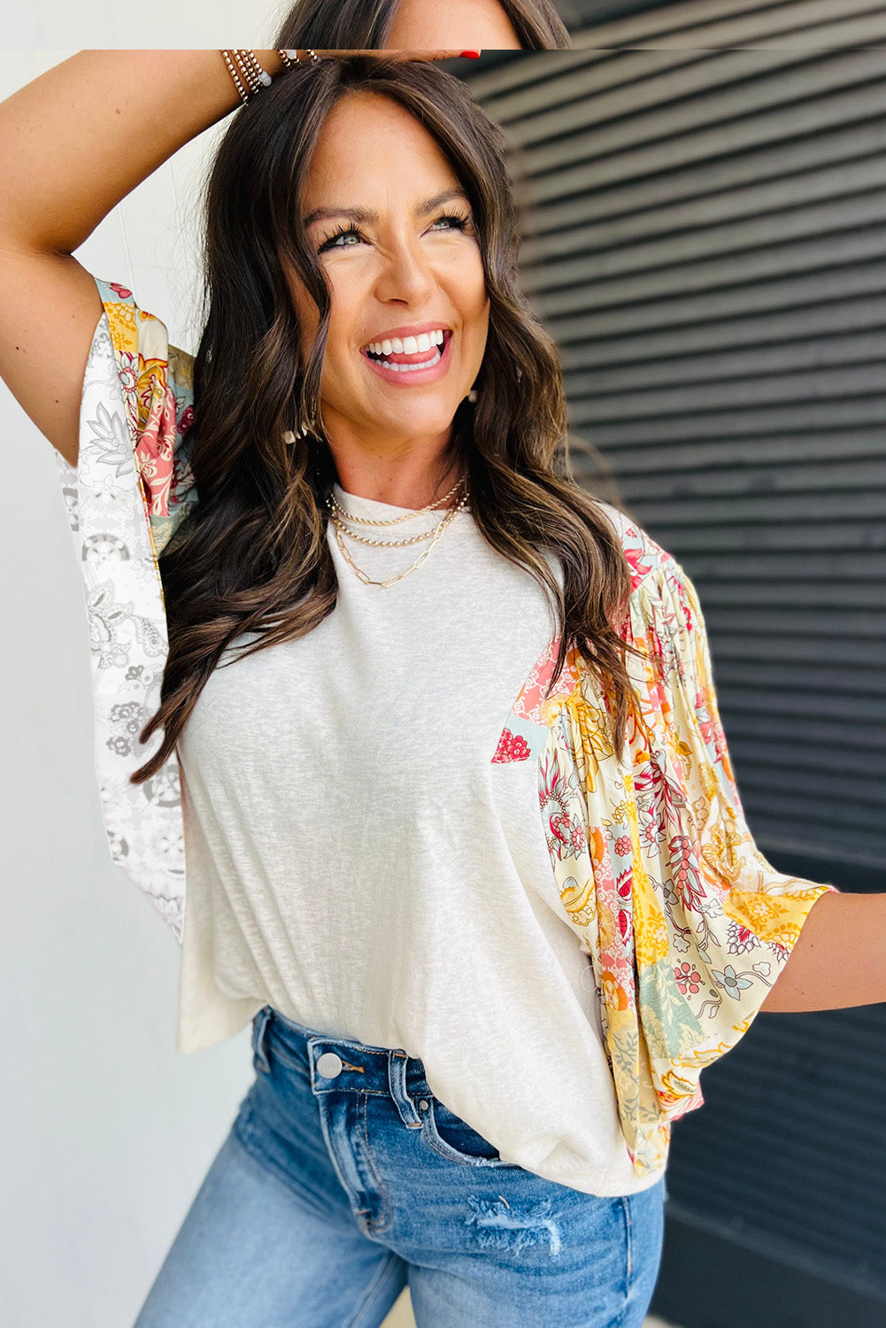 Beige Floral Patchwork Half Batwing Sleeve Blouse #255