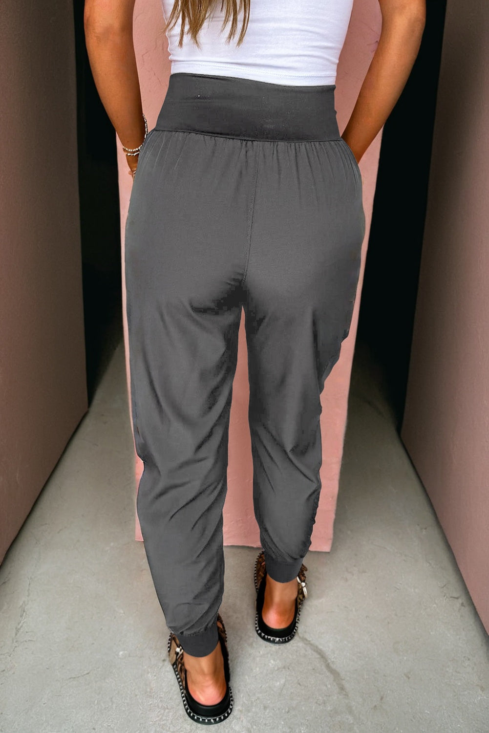 Medium Grey Elastic High Waist Pocketed Cargo Jogger Pants #123
