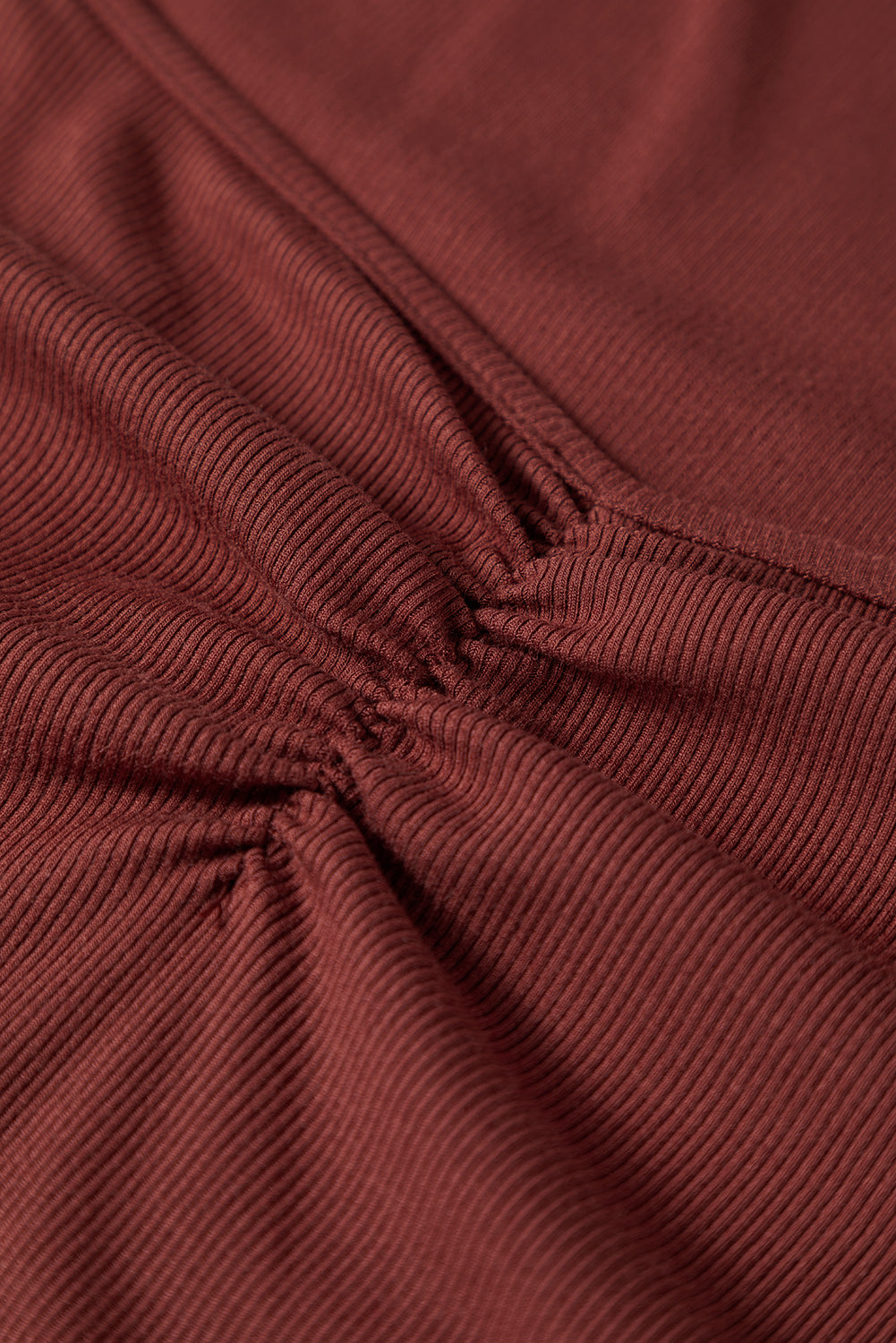 Burgundy Gathered Bust Square Neck Ribbed Fit Long Sleeve Top #21