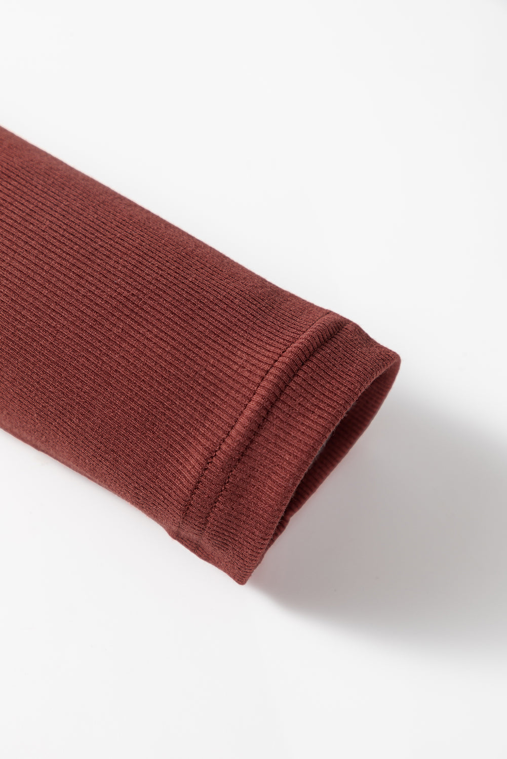 Burgundy Gathered Bust Square Neck Ribbed Fit Long Sleeve Top #21