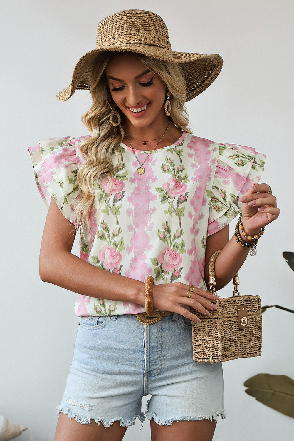 Pink Floral Print Ruffled Sleeve Summer Top #5