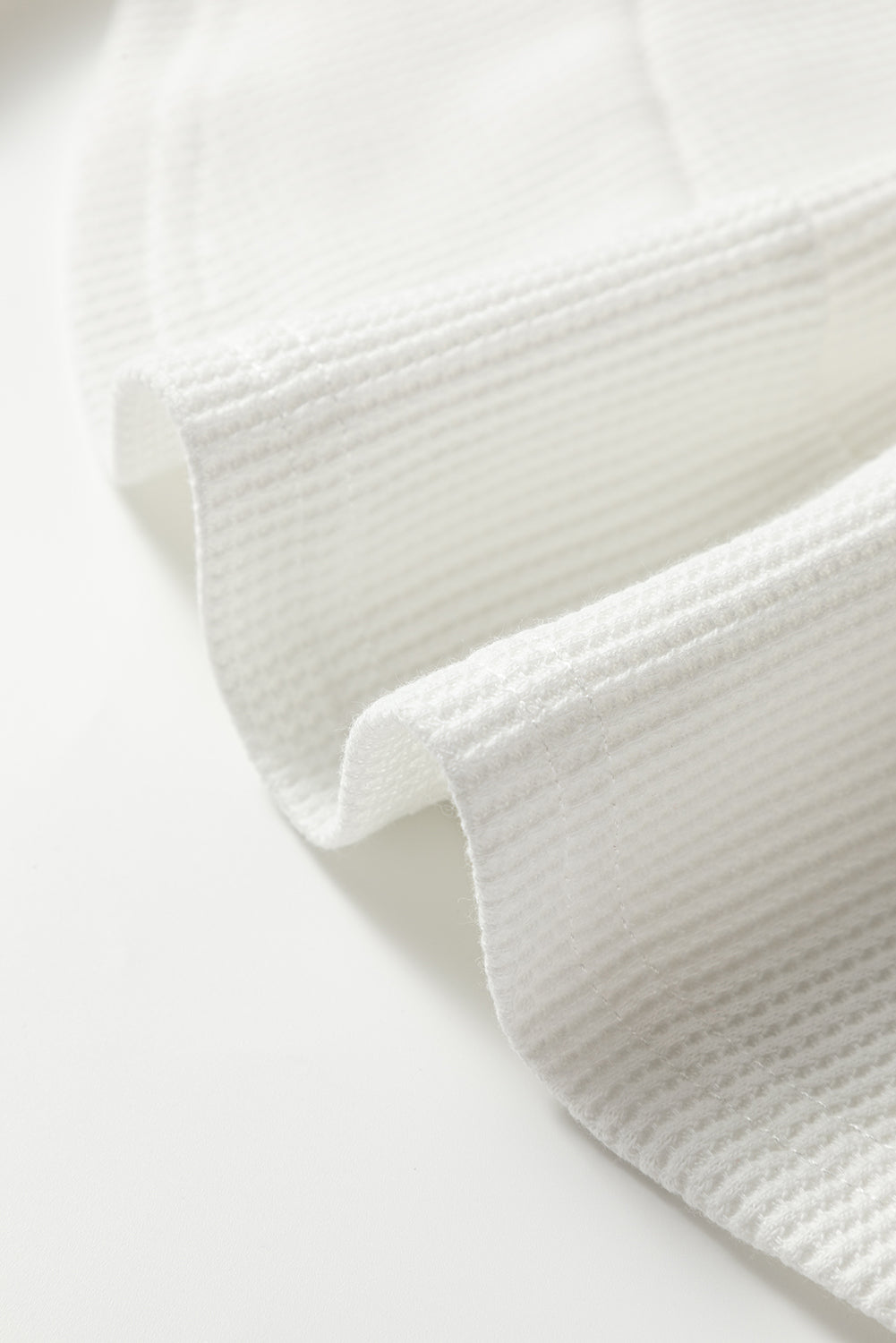 White Rounded Hem Waffle Long Sleeve Top #124