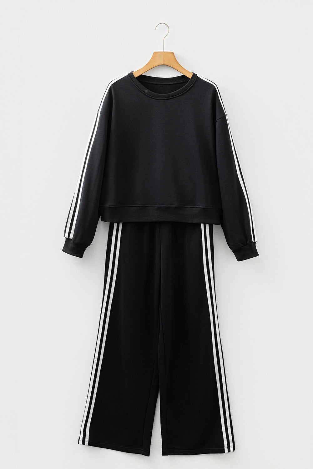 Black Varsity Striped Detail Crewneck Pullover Elastic Sweatpants 2pcs Outfit #131