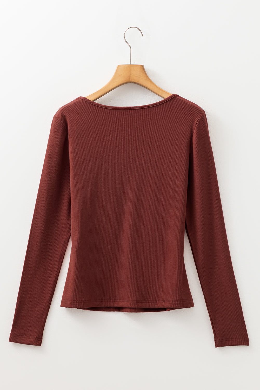 Burgundy Gathered Bust Square Neck Ribbed Fit Long Sleeve Top #21