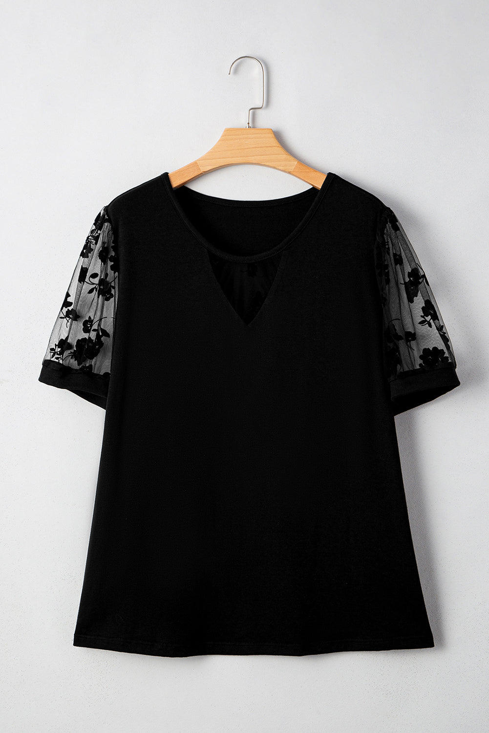 Black Floral Mesh Patchwork Loose V Neck Plus Size T Shirt #260