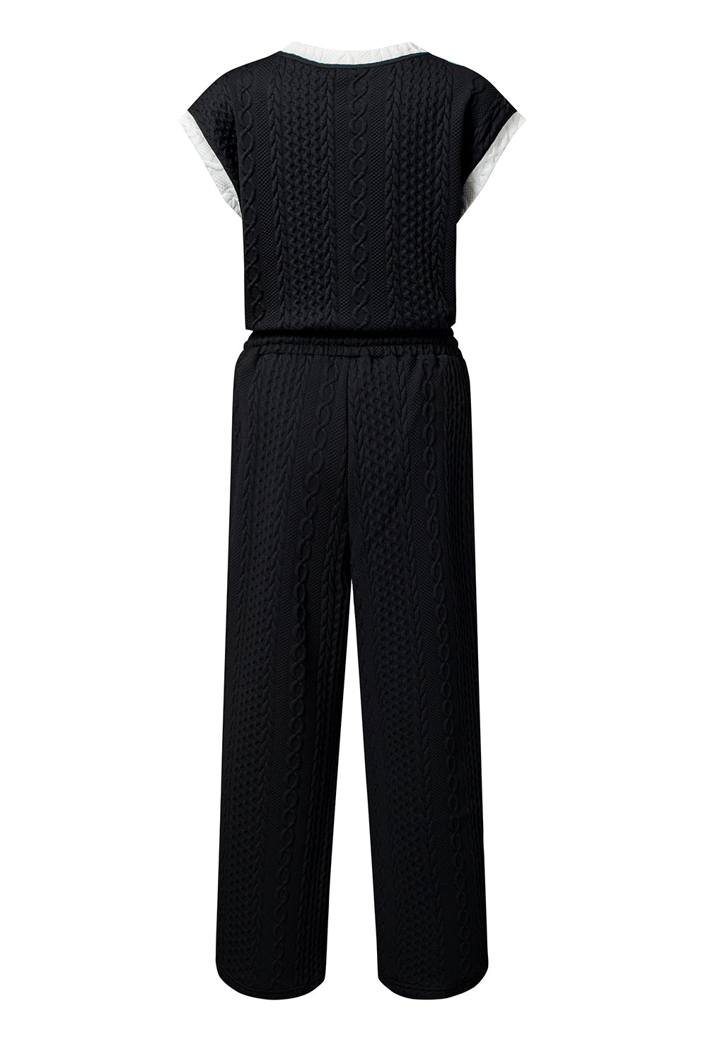 Black Cable Knit Contrast Trim Short Sleeve Top and Pants Set #10