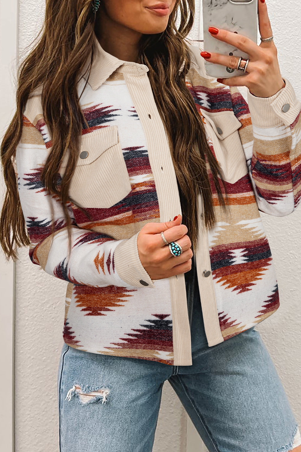 Multicolour Western Aztec Striped Patchwork Double Flap Pocket Raw Hem Shacket #22