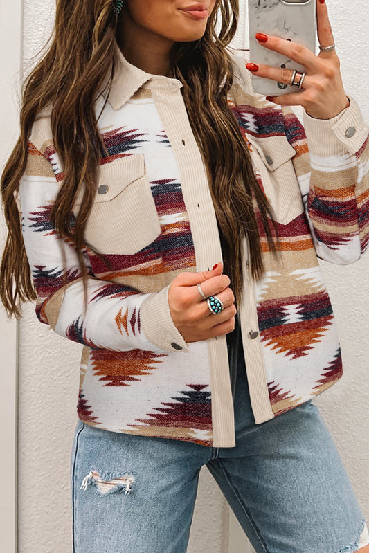 Multicolour Western Aztec Striped Patchwork Double Flap Pocket Raw Hem Shacket #22