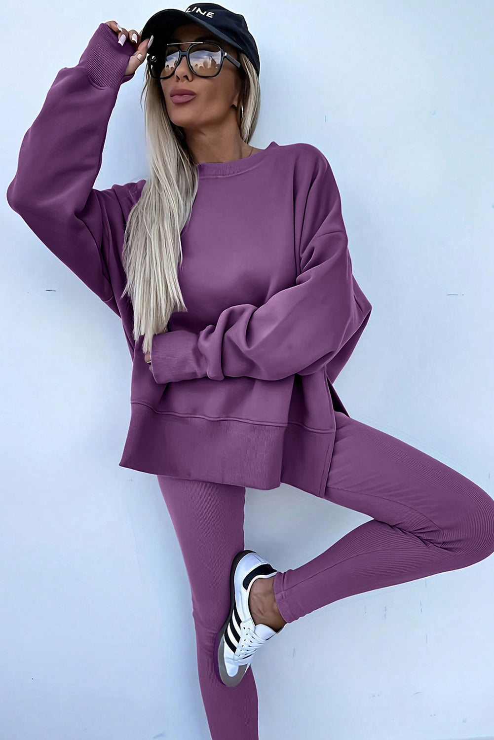 Orchid Mist Solid Color Oversize Slit Sweatshirt Ribbed Leggings 2pcs Set #132