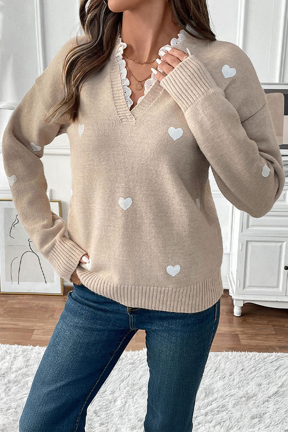 Smoke Gray Heart Print Lace Splicing V Neck Valentines Sweater #19