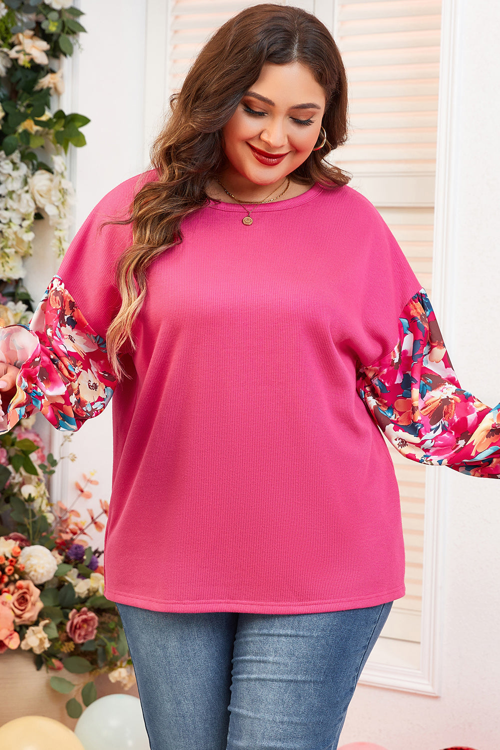 Bright Pink Floral Patchwork Flounce Sleeve Rib Knit Plus Top #11