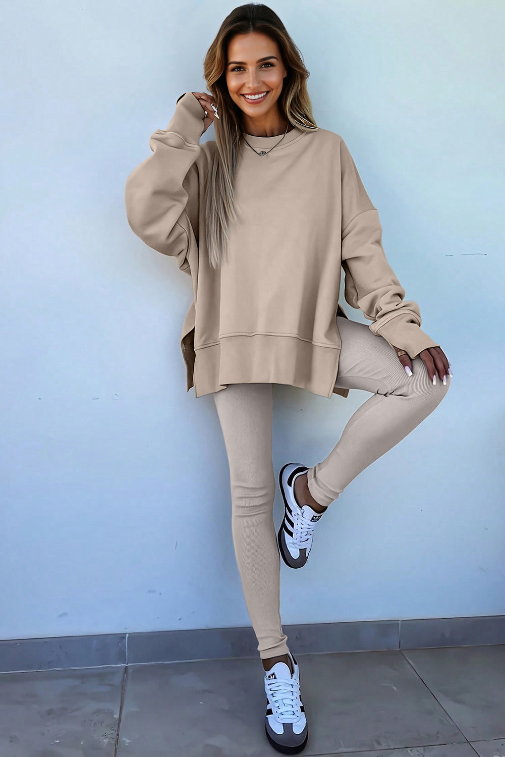 Jet Stream Solid Color Oversize Slit Sweatshirt Ribbed Leggings 2pcs Set #132