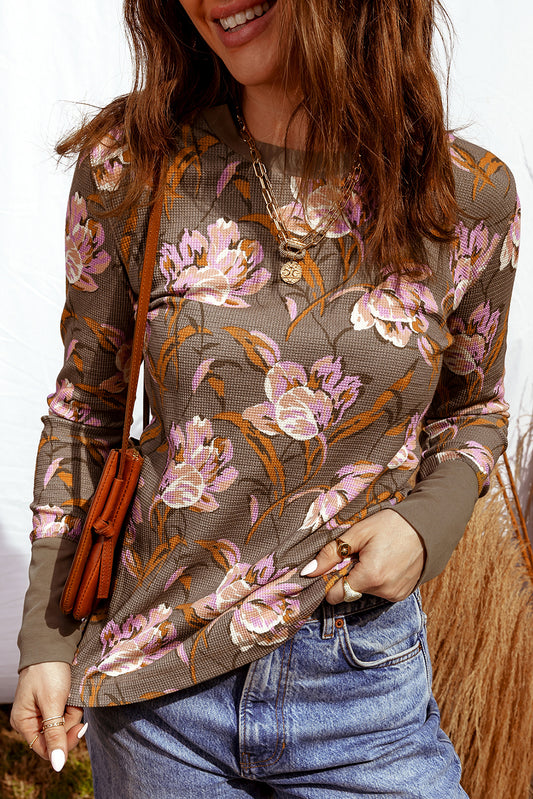 Brown Floral Print Waffle Textured Long Sleeve Top #125