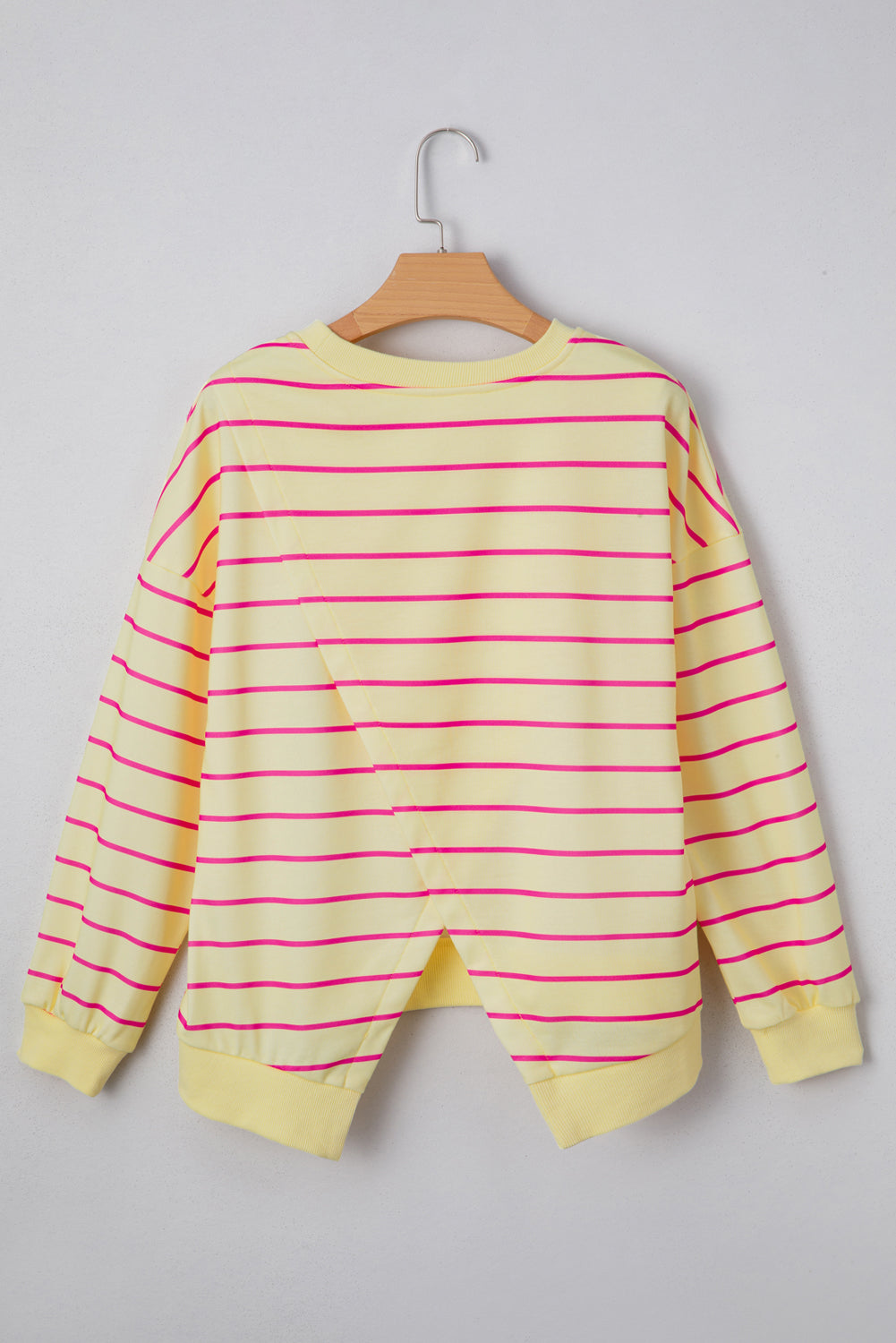 Yellow Stripe Stylish Overlap Detail Drop Shoulder Pullover Sweatshirt #118