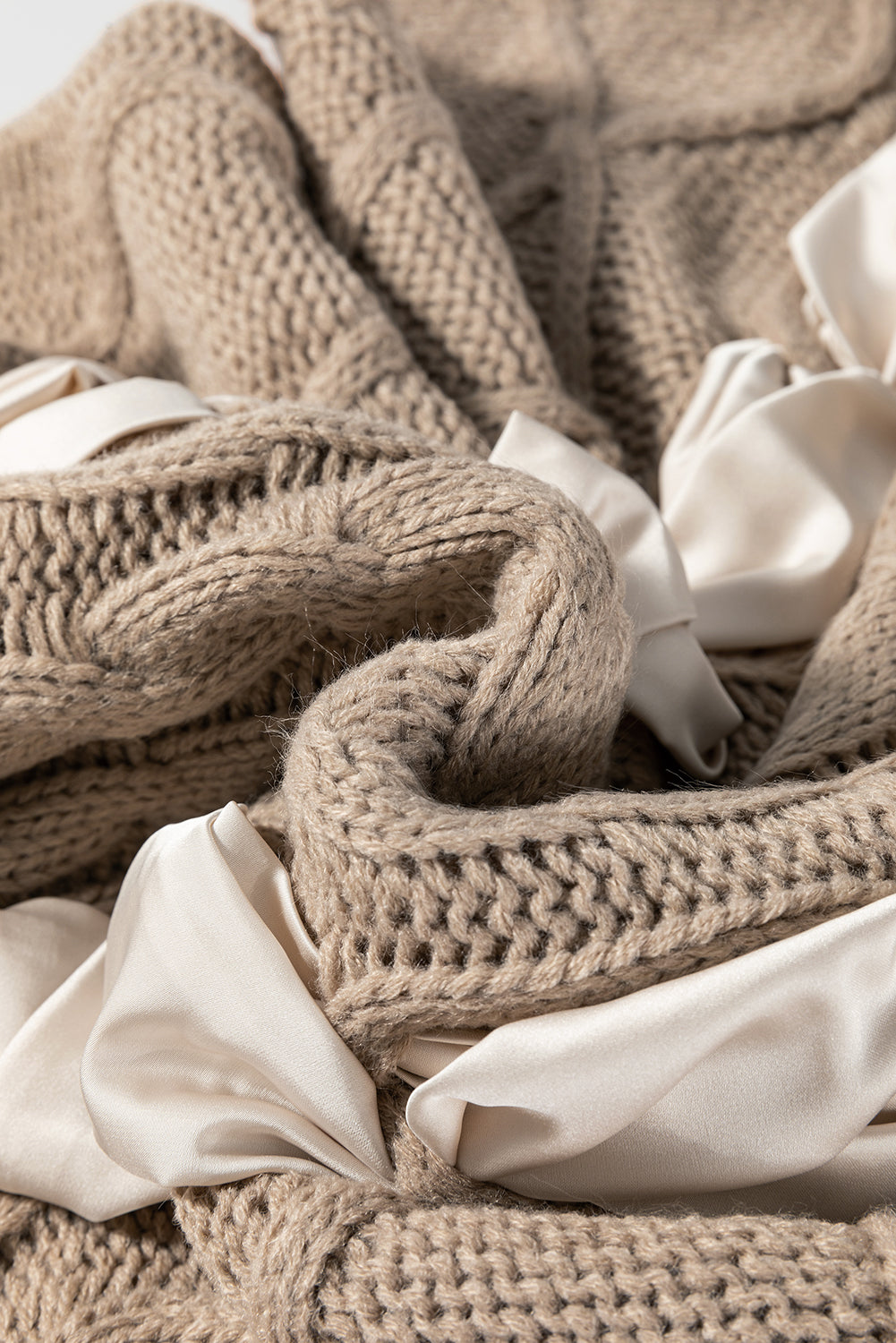 Simply Taupe Cable Knit Colorblock Satin Bowknot Short Sleeve Sweater #18