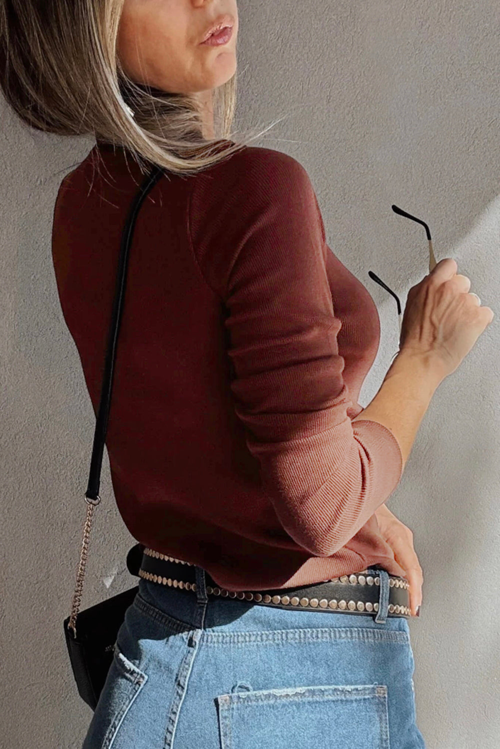 Burgundy Gathered Bust Square Neck Ribbed Fit Long Sleeve Top #21