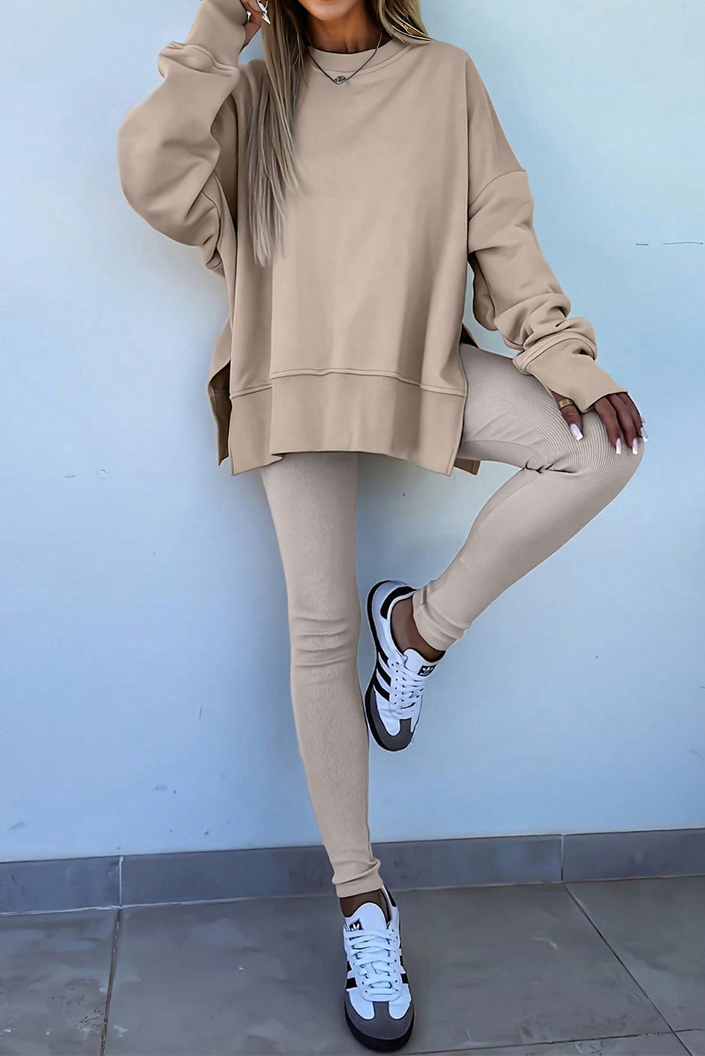 Jet Stream Solid Color Oversize Slit Sweatshirt Ribbed Leggings 2pcs Set #132