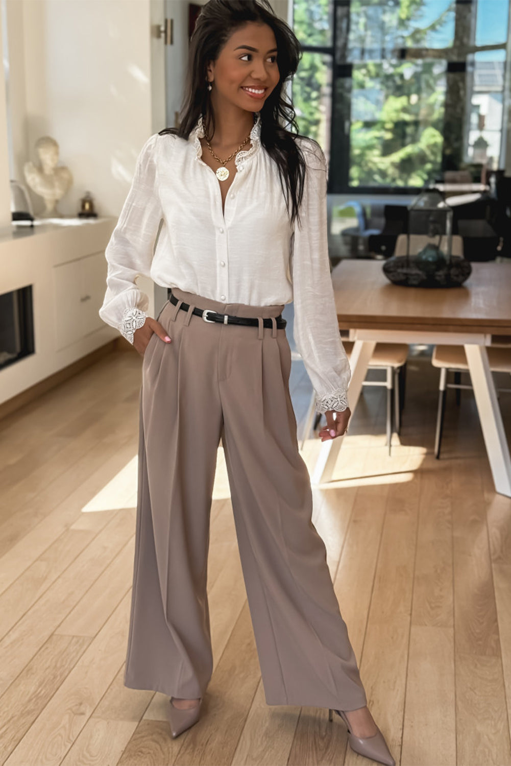 White Lace Patchwork Buttoned Stand Neck Loose Shirt #12