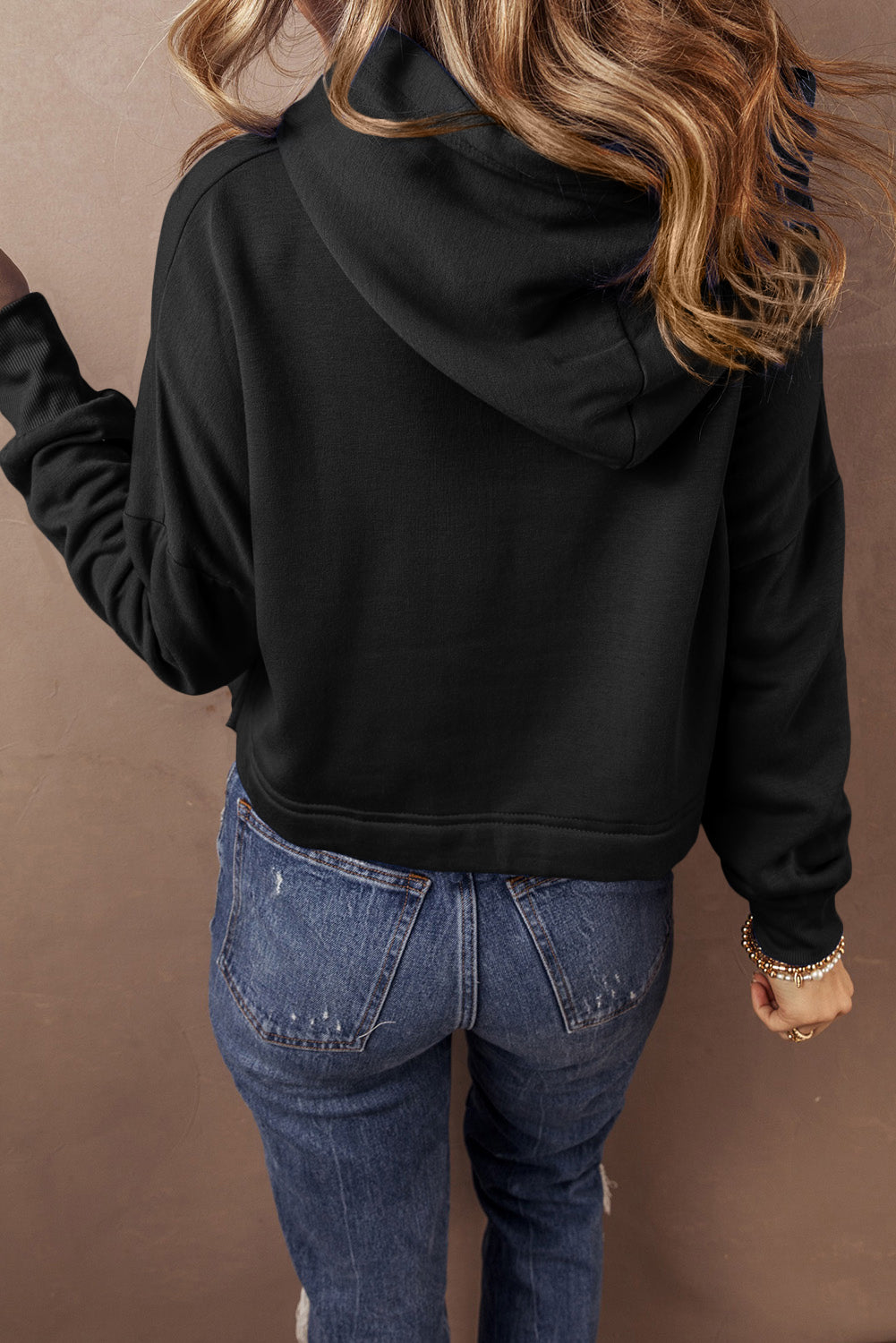 Black Solid Drop Shoulder Drawstring Cropped Hoodie #105